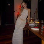 Backless Halter Lace-up Pleated Dress Lace Vest Suit