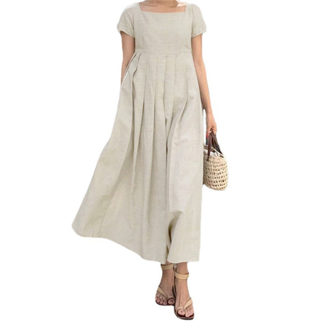 Cotton And Linen Dress Large Swing Short Sleeve Square Collar Elegant Main Image