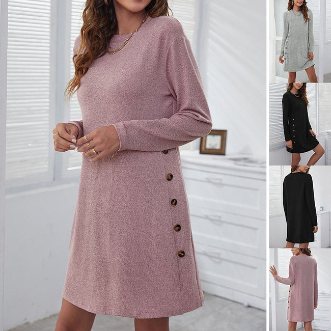 Long-sleeved Round-neck Straight Dress Fashion Casual Loose Solid Color Dress For Women Fall Spring Clothing Hover Image