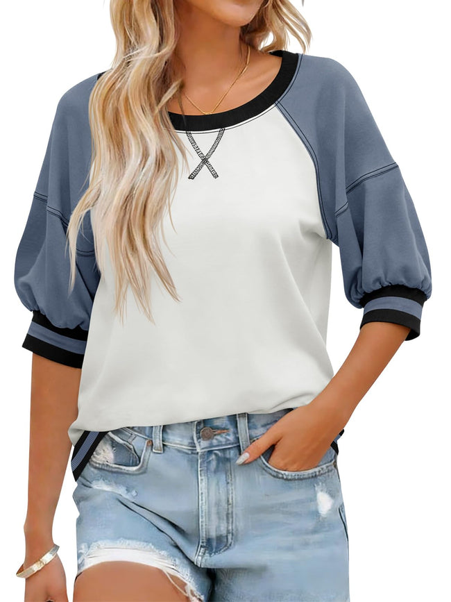 Fisoew Womens Crewneck Sweatshirt Ribbed Raglan Half Sleeve Pullover Tops Color Block Loose Fit Sweatshirts Hover Image