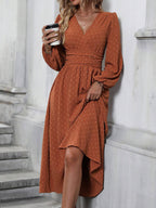 Lantern Sleeve Pleated Waist Dress