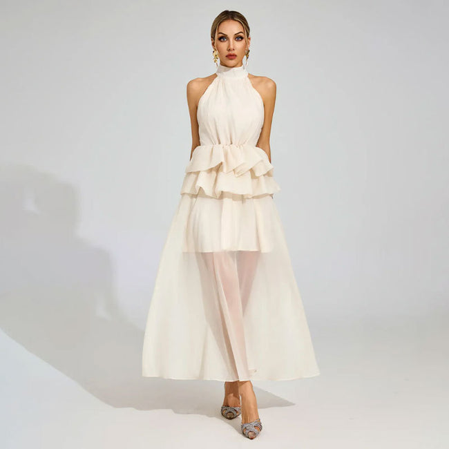 Flowy Ruffled Wedding Dress With A Halter Neckline Hover Image