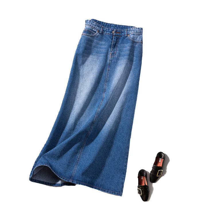 Women's A-line over ankle mid-length denim skirt