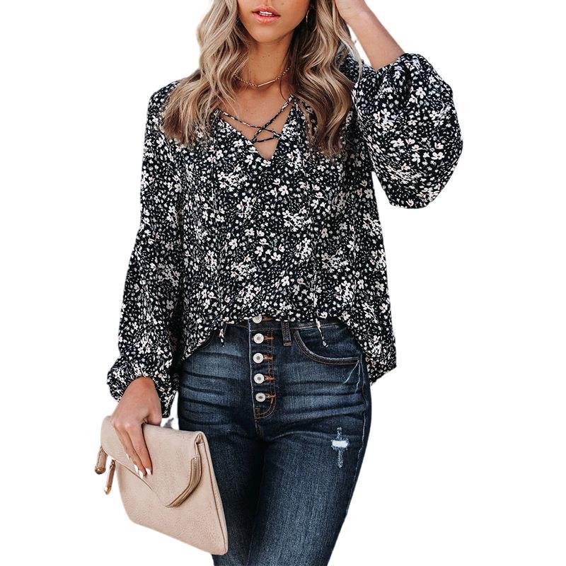 European And American Women Floral Long-Sleeved Loose Casual Shirt