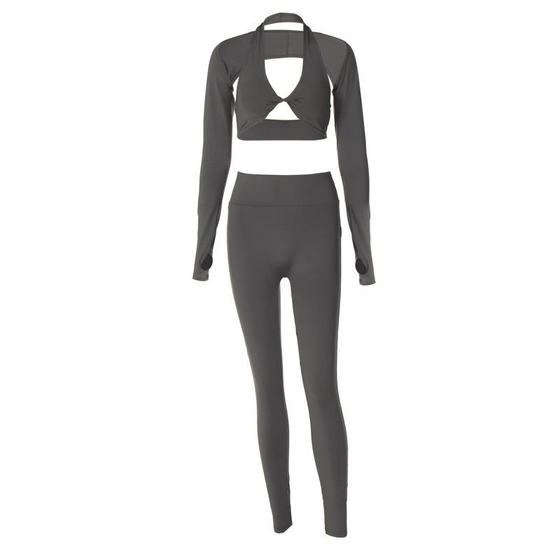 Long Sleeve Shawl Chest-wrapped Trousers Three-piece Set Solid Color Slim Fit Sports Suit