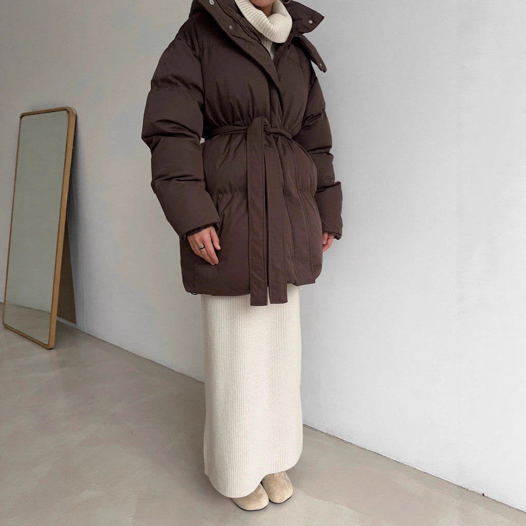 Casual Waist Tight Skinny Slimming Hooded Mid-length Bread Cotton-padded Jacket