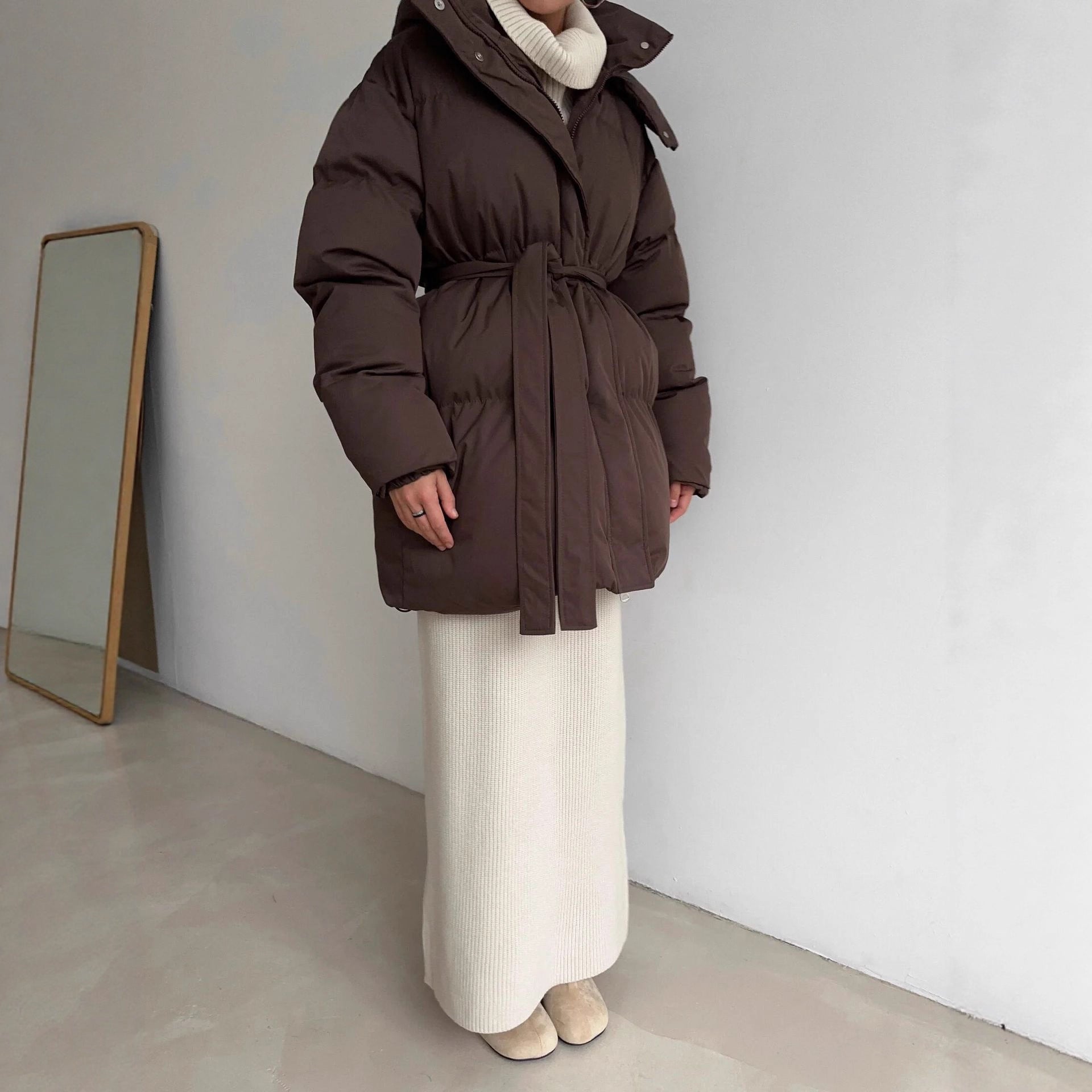 Casual Waist Tight Skinny Slimming Hooded Mid-length Bread Cotton-padded Jacket