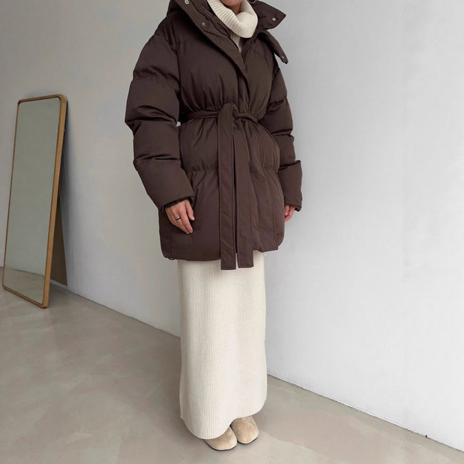 Casual Waist Tight Skinny Slimming Hooded Mid-length Bread Cotton-padded Jacket Main Image