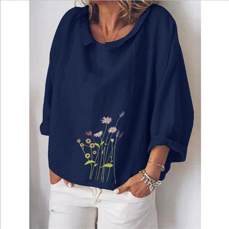 Linen loose Lapel long sleeve shirt for women