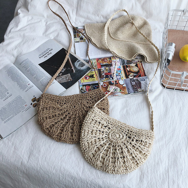 Women small Semicircle Tassel Knitting Straw bag Summer Travel Rattan Tote Knitted Hand Bag Girls Shoulder Tote Keys Coin bag Main Image