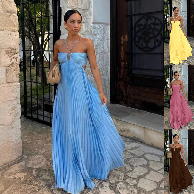 Ins Pleated Sleeveless Sling Dress Hollow High Waist Halter Robe Dresses For Evening Party Club Clothing Women Hover Image