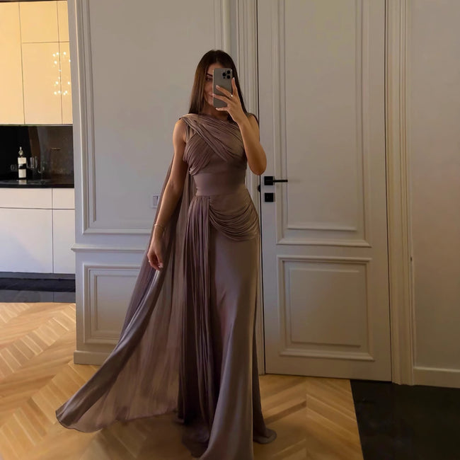 Pleated Ribbon Satin Evening Dress Hover Image