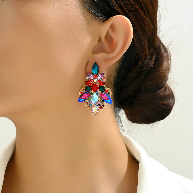 Vintage Layered Rhinestone Teardrop Large Stud Earrings For Women Party Wedding Luxury Jewelry Three Color Selection Hover Image