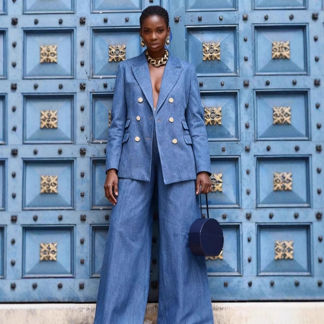 Womens Solid-Color Metal-Button Fashion Suit Pants Set Hover Image
