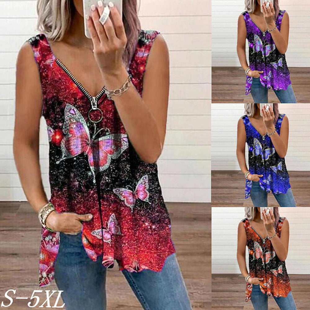 V-neck Zipper Fashion Butterfly Print Loose Vest For Women