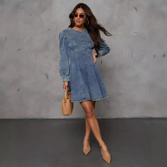 Elegant Patchwork Waist-slimming Women's Denim Long Sleeve Dress Main Image