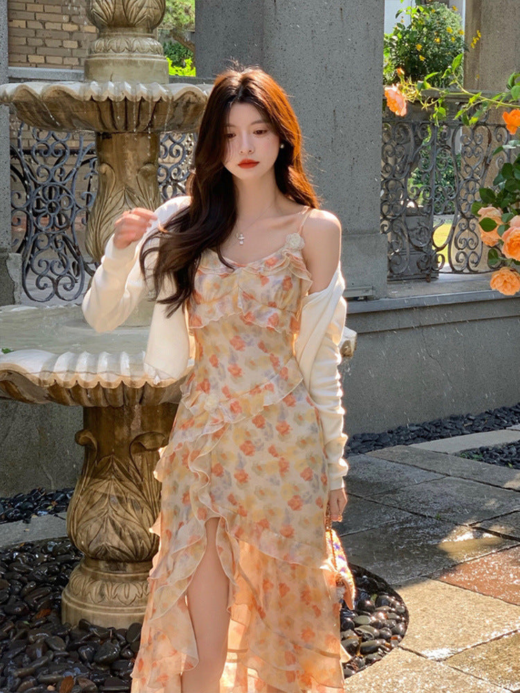 Women's Irregular Cinched Chiffon Floral Strap Dress