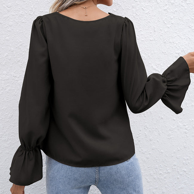Temperament V-neck Hollow Lace Long-sleeved Shirt Women Main Image