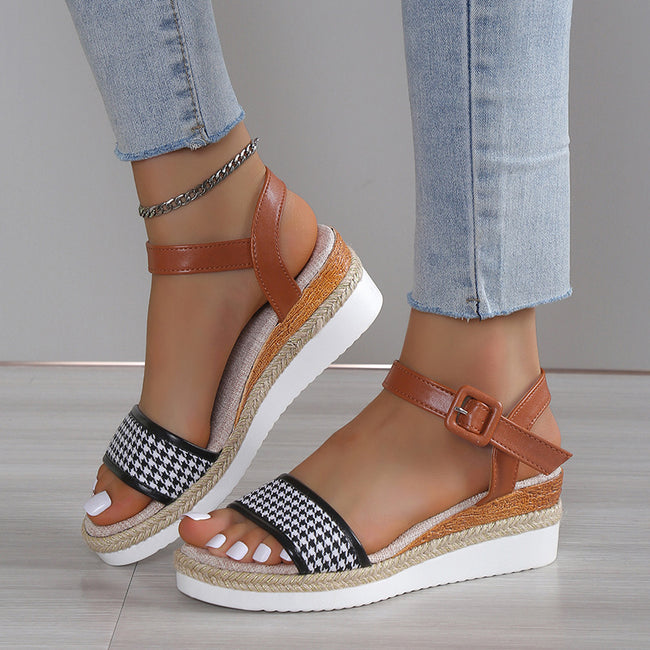 Houndstooth Print Sandals Women Summer Buckle Dress Shoes Hover Image