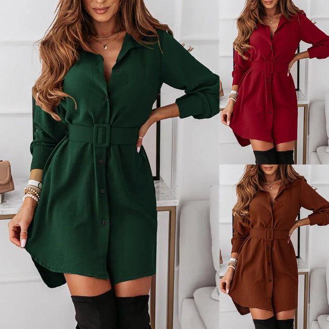Lapel Long-sleeved Dress With Belt Fashion Elegant Button-down Shirt Dresses For Women Hover Image