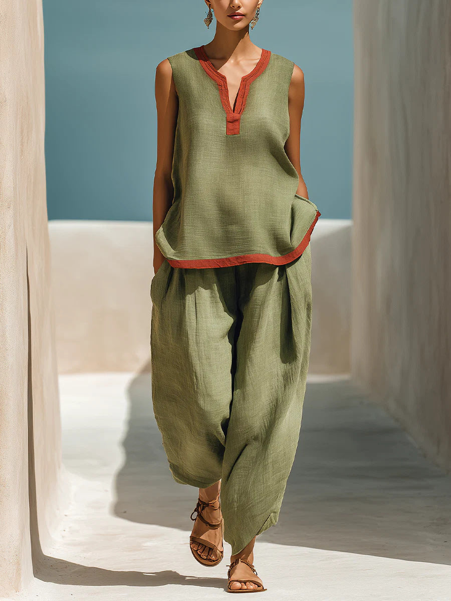 Summer Contrast-Colored Wide-Leg Pants Suit Womens Cotton-Linen Fashionable Two-Piece Set