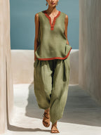Summer Contrast-Colored Wide-Leg Pants Suit Womens Cotton-Linen Fashionable Two-Piece Set