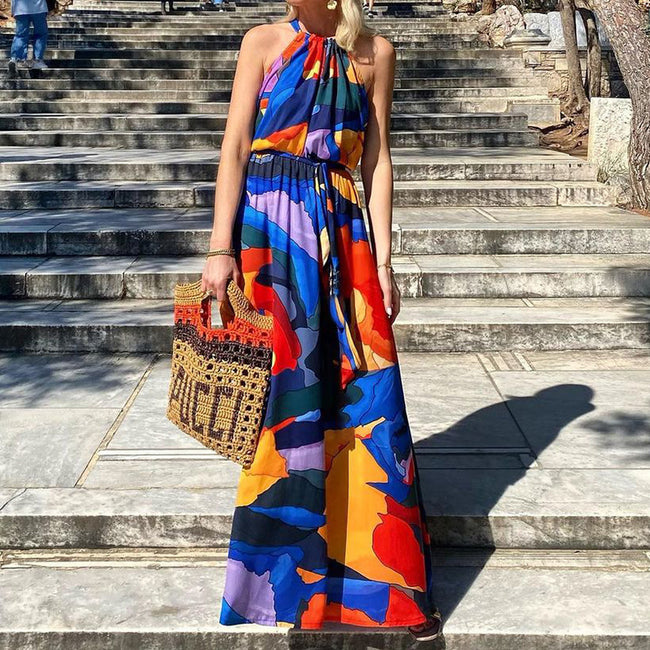 New Women's Fashion Halter Printed Bohemian Dress Hover Image