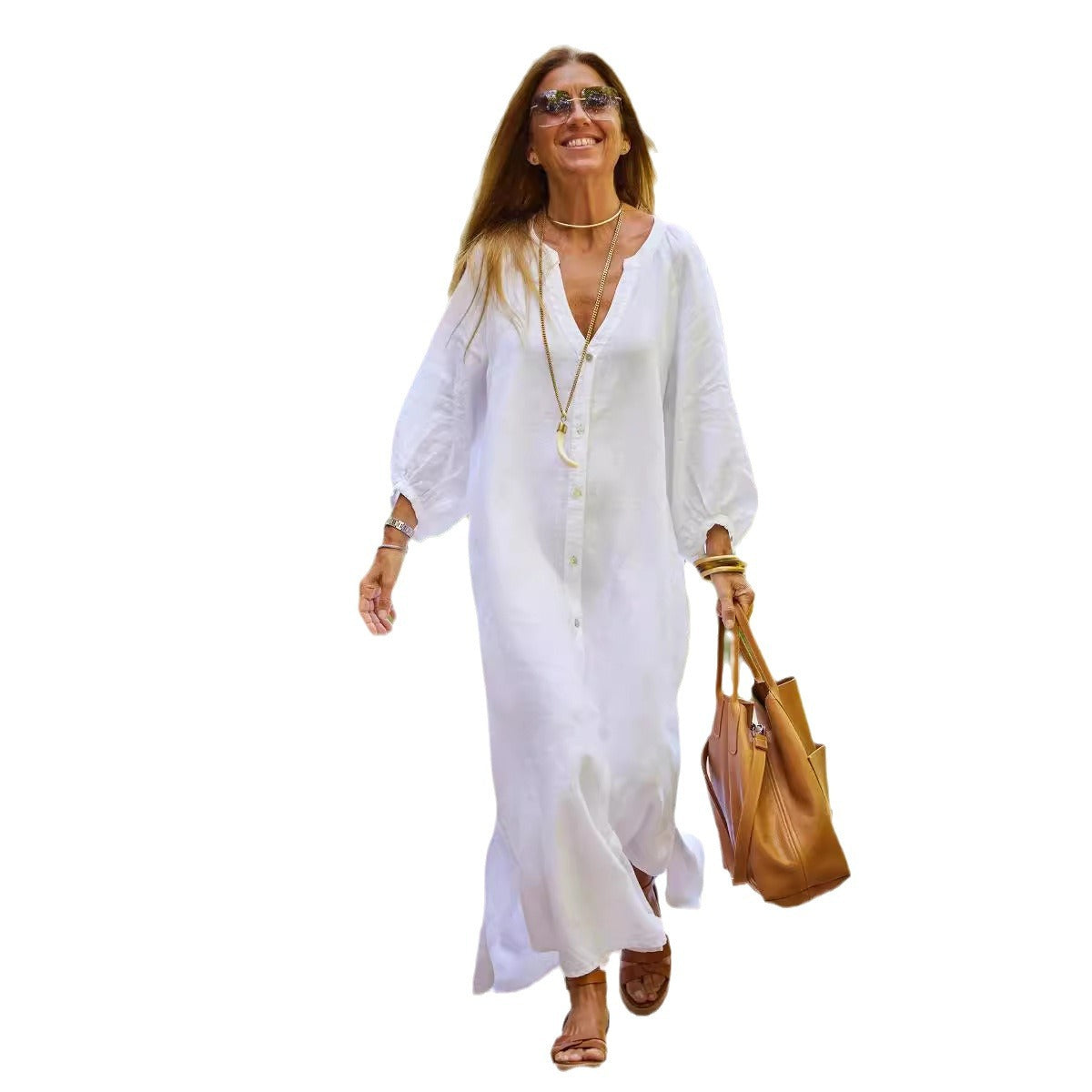 Women's Fashion Casual Cotton Linen Shirt Dress