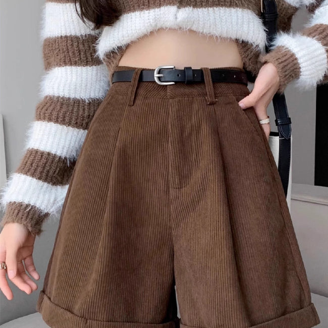 Fashion Brown Corduroy Shorts For Women Hover Image