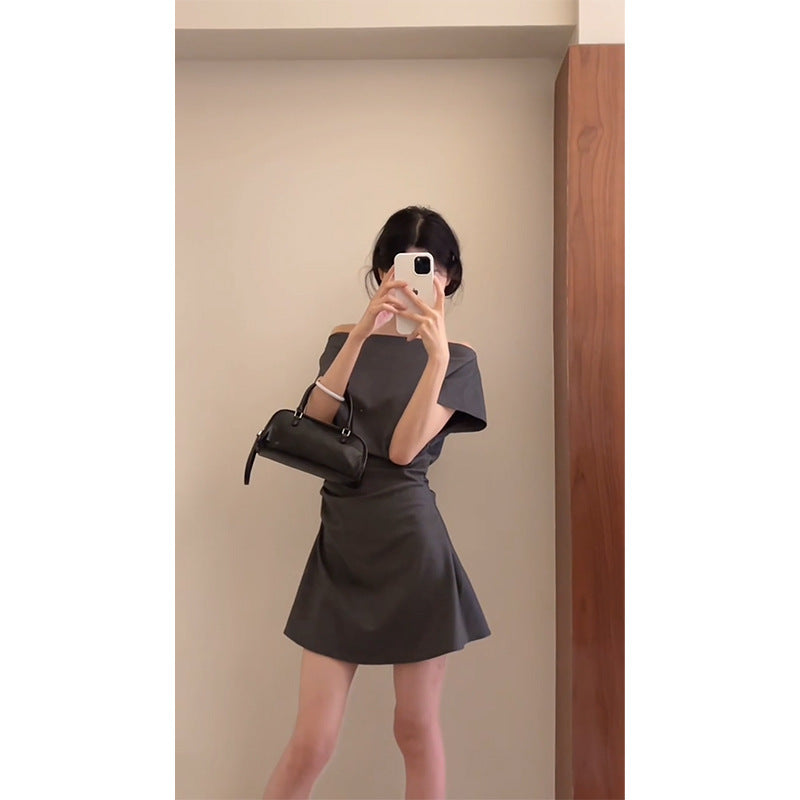Gray High-grade Off-neck Short Sleeve Dress