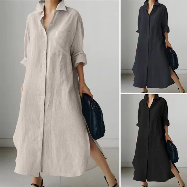 Women's Slit Shirt Dress Solid Color Long-sleeved Cardigan Irregular Long Dress Hover Image