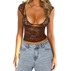 Womens Sheer Lace Camisole Lingerie Two-Piece Set With Long-Sleeve Top