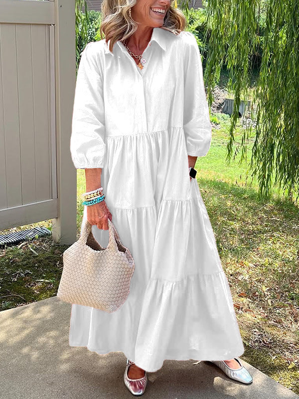 Casual Loose Lapels Mid-sleeve Large Swing Dress