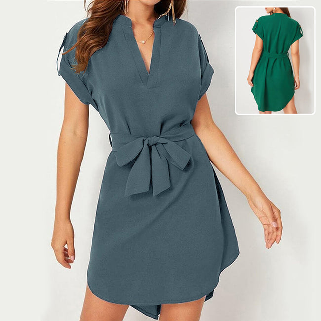 V-neck Short Sleeve Dress With Belt Summer Fashion Bowknot Dresses For Women Clothing Hover Image