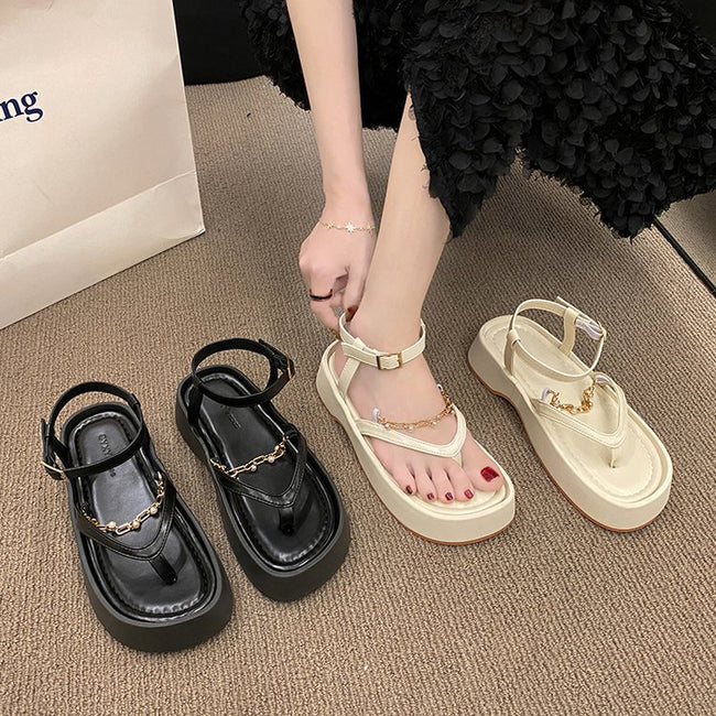 Summer Design Chain Sandals For Women Vintage Pearl Toeless Shoes Main Image