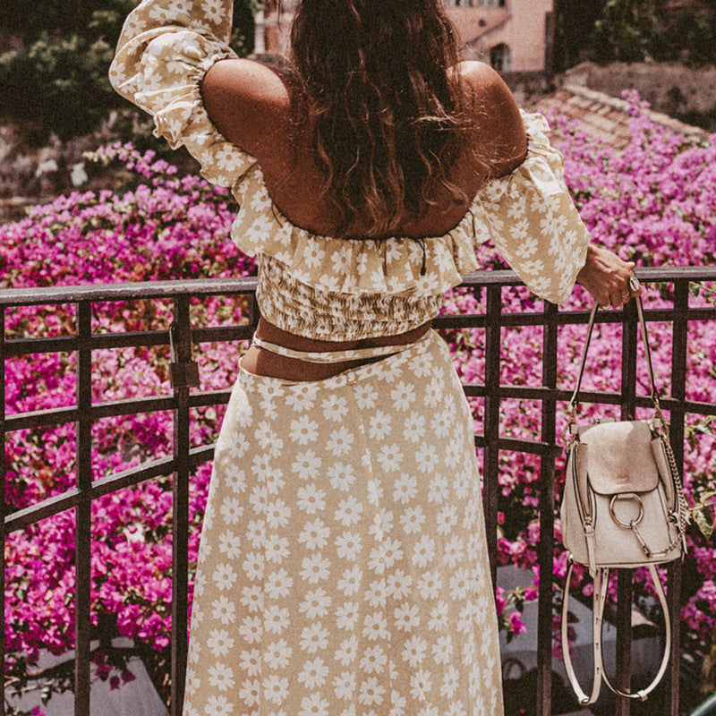 Slim ruffle dress with floral off-the-shoulder A-line dress