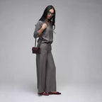 Womens Casual Two-Piece Set Fashionable Solid-Color Loose Cropped-Sleeve Wide-Leg Pants Suit