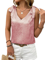 Womens Gold-Embossed V-Neck Lace-Up Bow-Knot Sleeveless Camisole