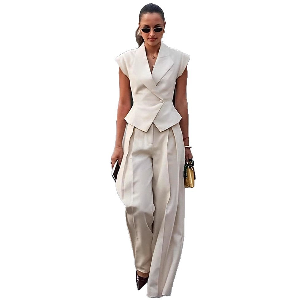 Beige Elegant Sleeveless Waist-Cinching Suit Set