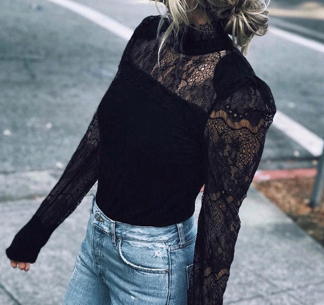 Fashion Casual Women's Ladies Blouses Long Sleeves Sheer Tops Floral Lace Blouse Shirt Top Blouse Black Clothing Turtleneck Hover Image
