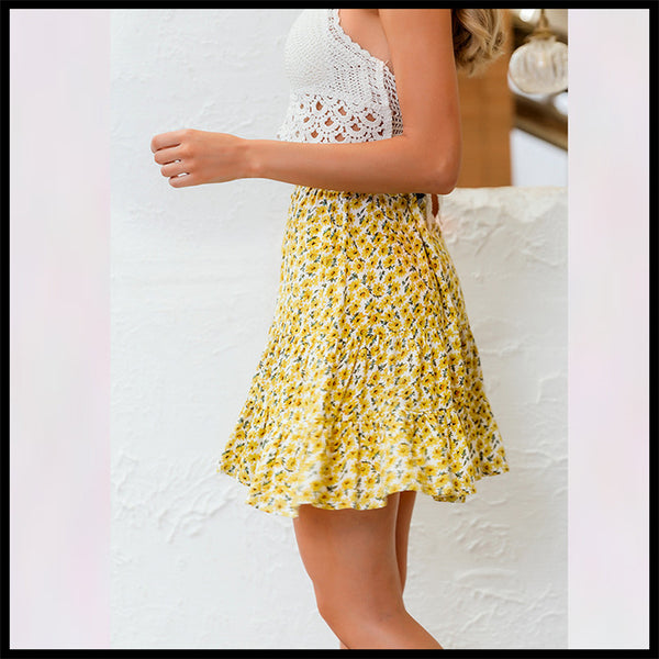Jupe taille haute à volants imprimé petites marguerites