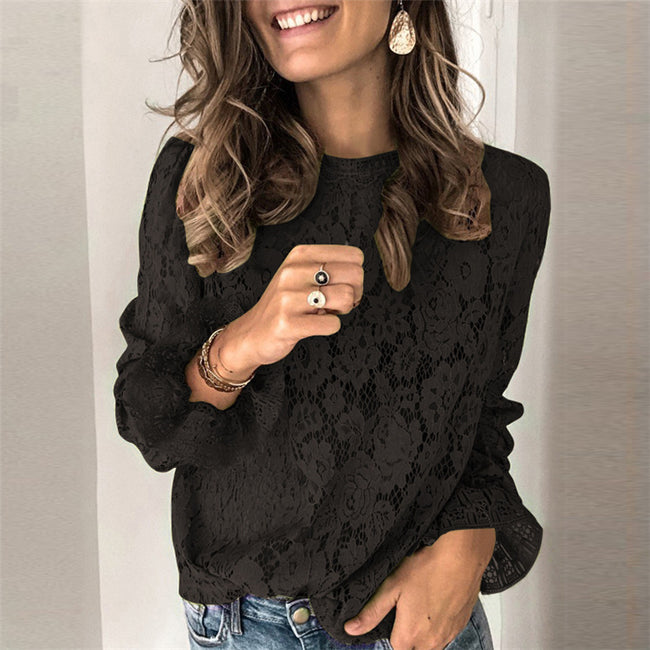 Hot-selling horn sleeve long sleeve hollow lace shirt women Main Image
