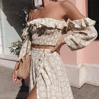 Slim ruffle dress with floral off-the-shoulder A-line dress