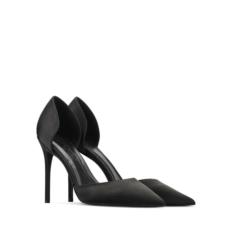 Real silk satin hollow pointed stiletto heels