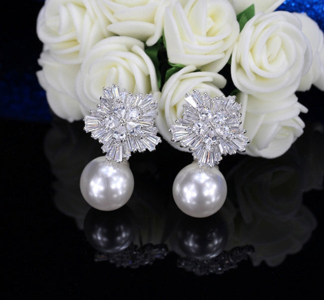 Pearl Earrings for Women with Luxury Fireworks Shaped Cubic Zirconia Woman Jewelry Birthday Gift Main Image