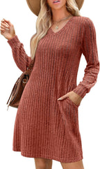 V-neck Pocket Sunken Stripe Brushed Long Sleeve Leisure Dress