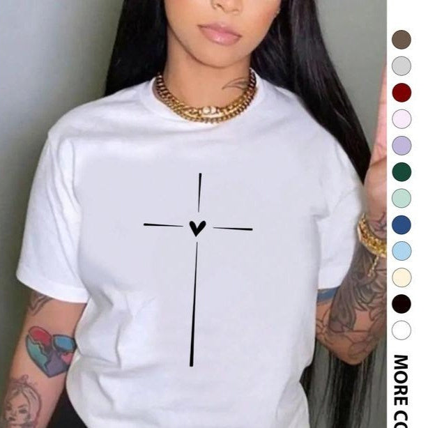 Women's Cross Heart Print Round Neck Tee Graphic Tees T-shirt Hover Image