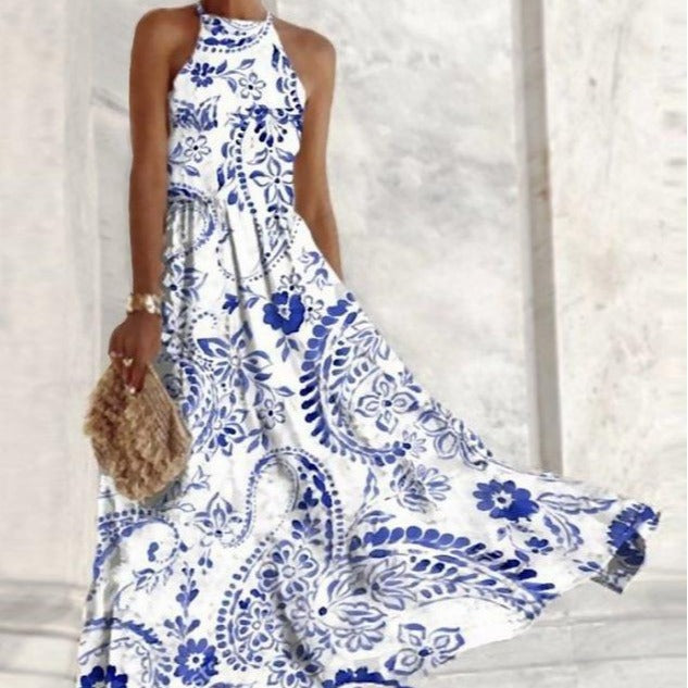 Women's Sleeveless Blue And White Porcelain Color Matching Long Comfortable Dress Hover Image