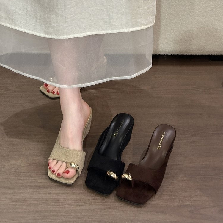 Elegant Premium Square Toe Metal Buckle Toe Loop Slide Sandals For Women, Minimalist Suede Designer Casual Mule Slippers
