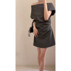 Gray High-grade Off-neck Short Sleeve Dress